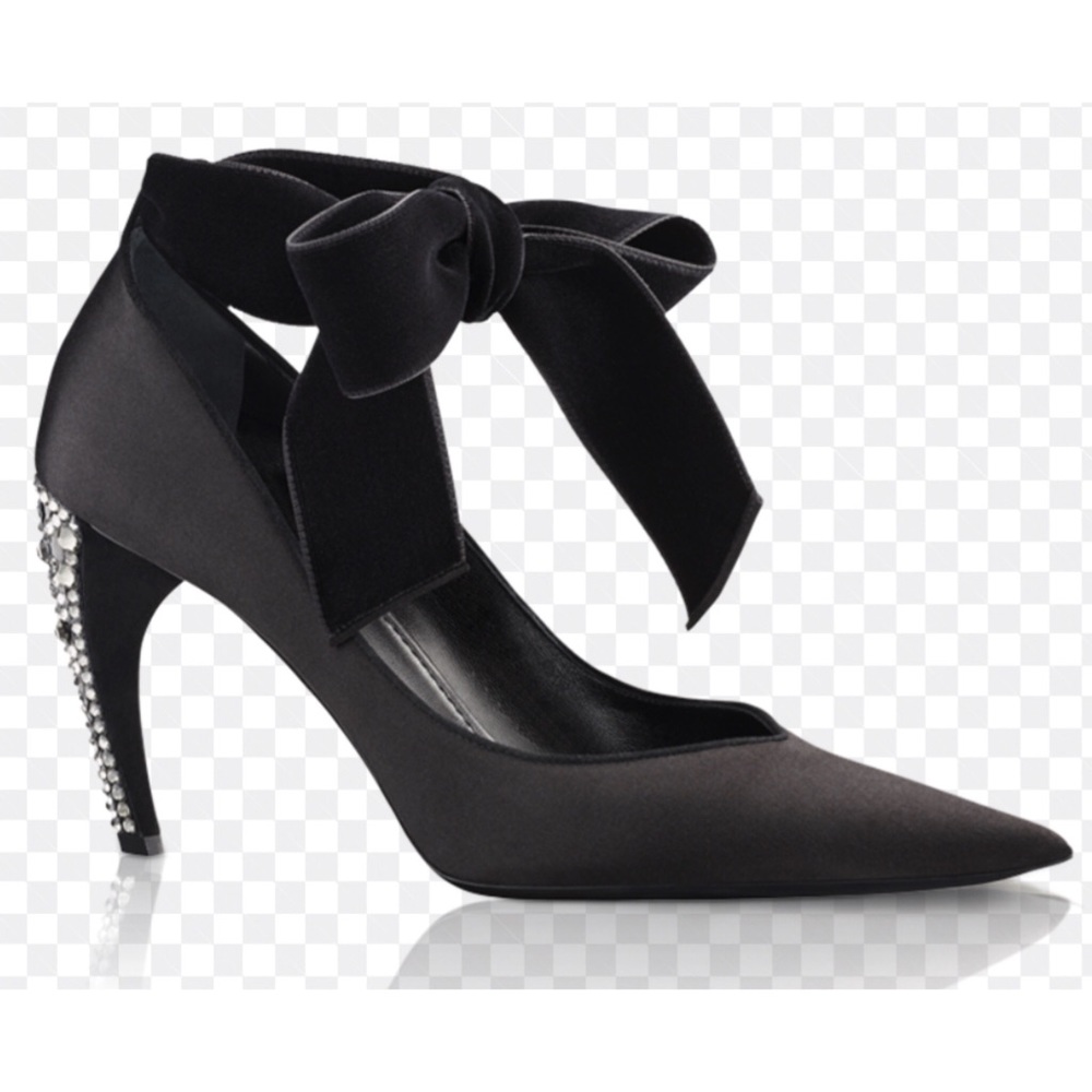 LOUIS VUITTON Black Satin Pointy Toe Velvet Bow Tie Nior Pumps Crystal Heels - Picture 16 of 17